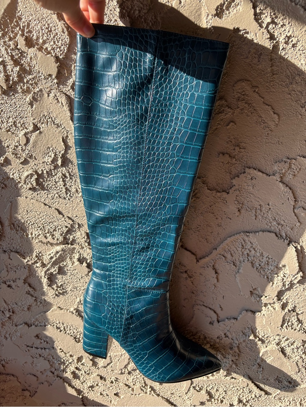 Nine West Teal Croc-Embossed Knee-High Block Heel Boots